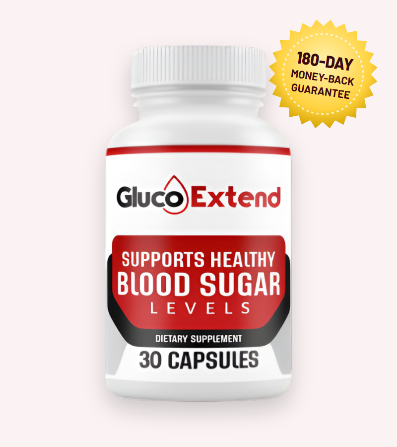 Gluco Extend blood sugar support supplement bottle with 180-day money-back guarantee